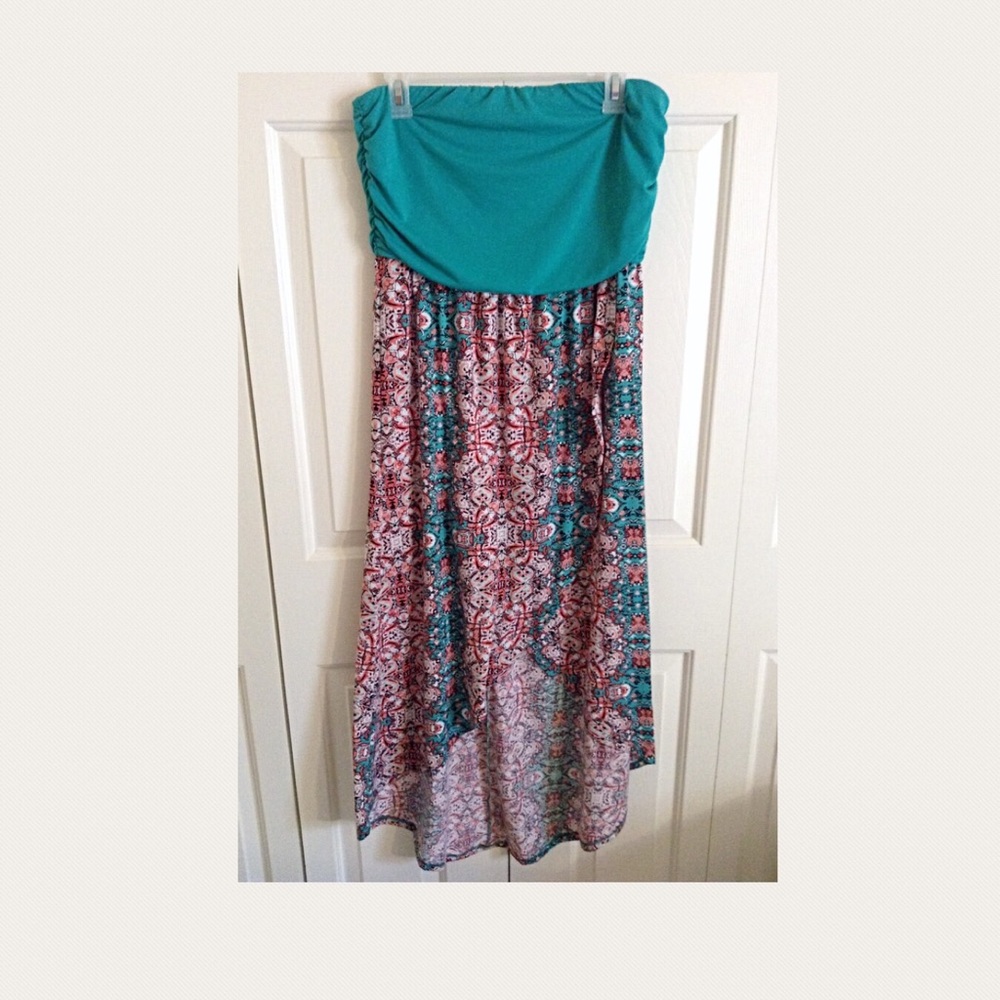 Strapless High-Low Dress Size 1X Aqua and Coral